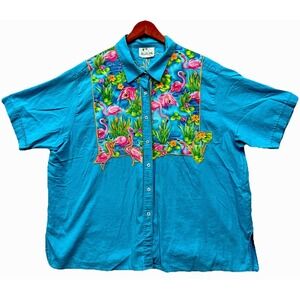 Vintage The Quaker Factory Women's Tropical Pink Flamingo Shirt Size 3X Blue